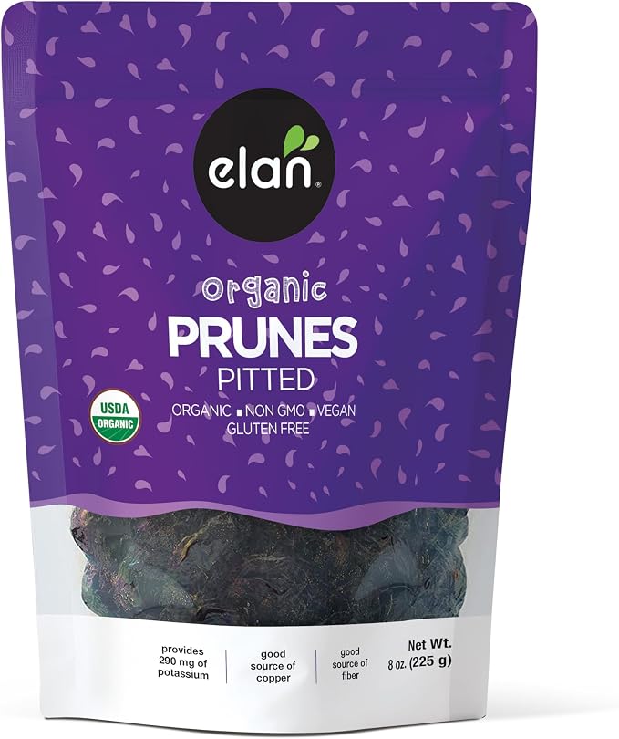 Elan Organic Pitted Prunes, 225g, Natural Dried Fruit, No Sugar Added, Sulphite-free, Non-GMO, Vegan, Gluten-Free, Kosher, Healthy Snack, Dried Plums