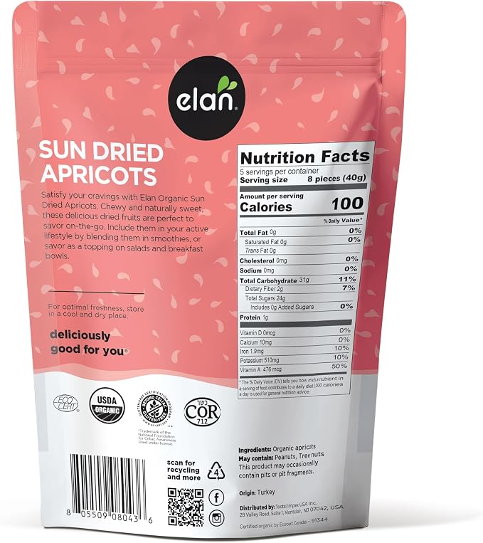 ELAN Organic Sun-Dried Apricots, Dried Fruit, Non-GMO, Vegan, Gluten-Free, Kosher, 200g