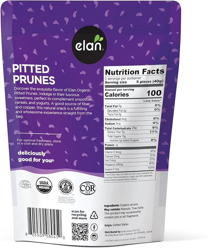 Elan Organic Pitted Prunes, 225g, Natural Dried Fruit, No Sugar Added, Sulphite-free, Non-GMO, Vegan, Gluten-Free, Kosher, Healthy Snack, Dried Plums