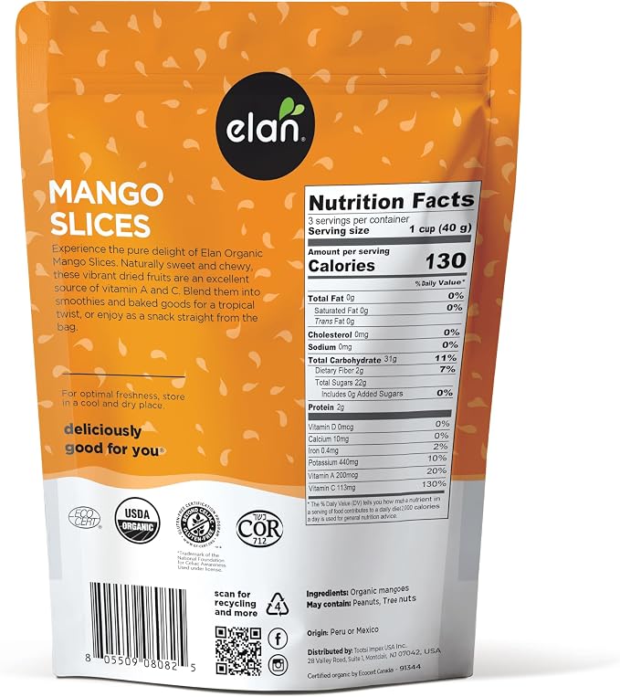 Elan Organic Dried Mango Slices, 125g, Sulphite-free, No Sugar Added, Non-GMO, Vegan, Gluten-Free, Kosher, Healthy Dried Fruit Snacks