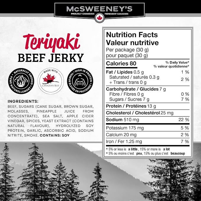 McSweeney's Slow Marinated Teriyaki Beef Jerky Power Pack 30g | 100% Made In Canada, high protein, naturally smoked, gluten free, low fat