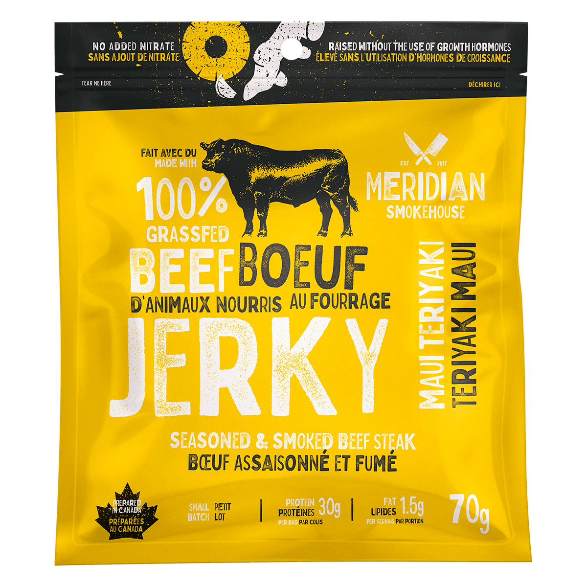 Meridian Smokehouse Grass-Fed Beef Jerky - Maui Teriyaki - Prepared In Canada - Gluten Free