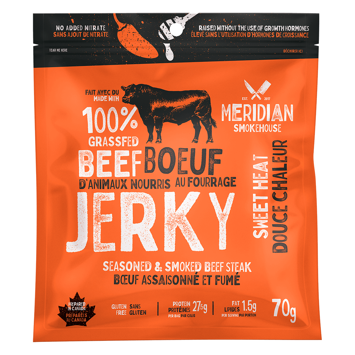 Meridian Smokehouse Grass-Fed Beef Jerky - Sweet Heat - Prepared In Canada - Gluten Free