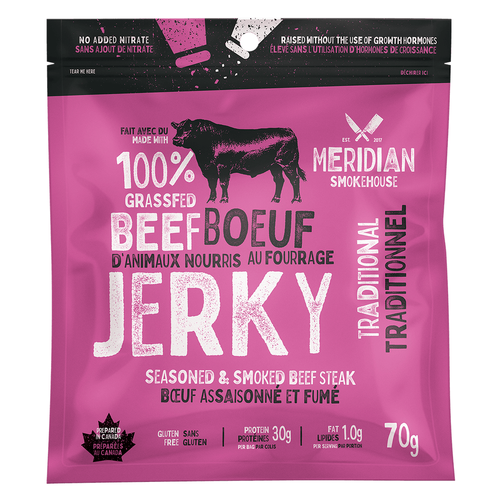 Meridian Smokehouse Grass-Fed Beef Jerky - Traditional - Prepared In Canada - Gluten Free