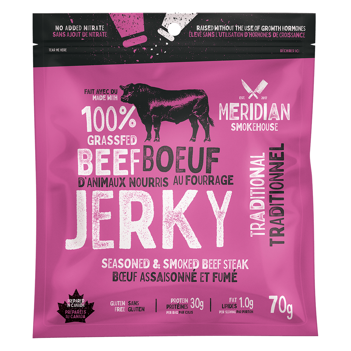 Meridian Smokehouse Grass-Fed Beef Jerky - Traditional - Prepared In Canada - Gluten Free