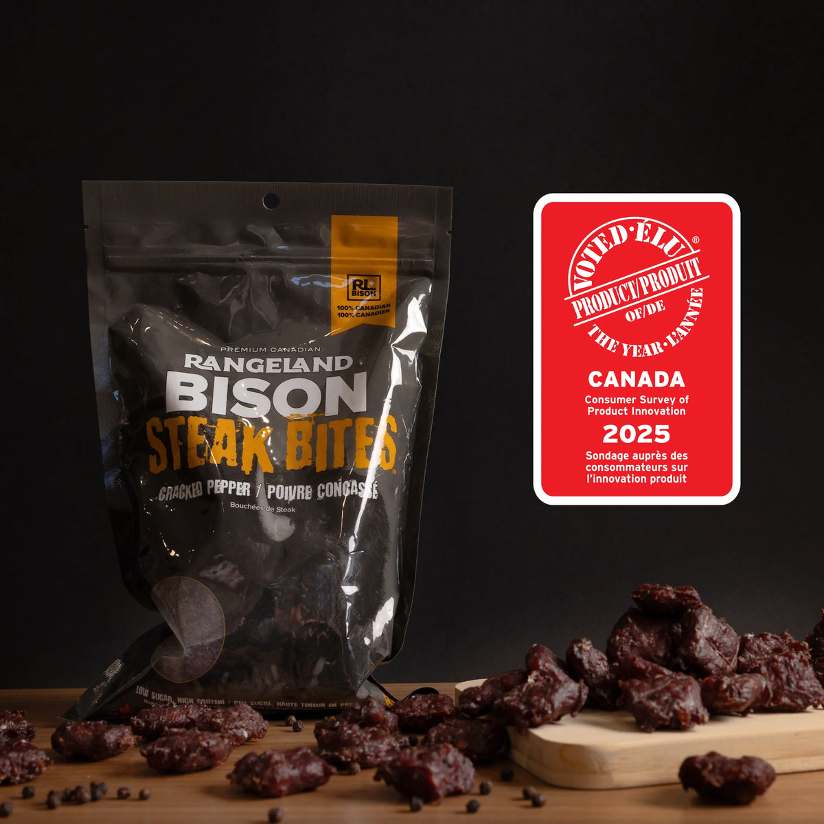 Rangeland Bison Steak Jerky Bites (70g) Premium Jerky from Alberta - Free Range Bison Naturally Wood Smoked